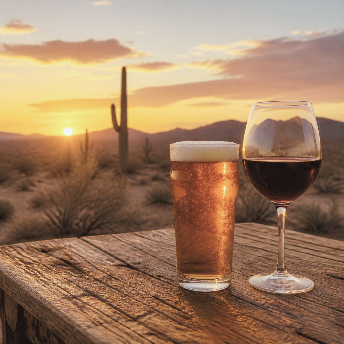 A pint of beer and a glass of red wine on a rustic table at desert sunset