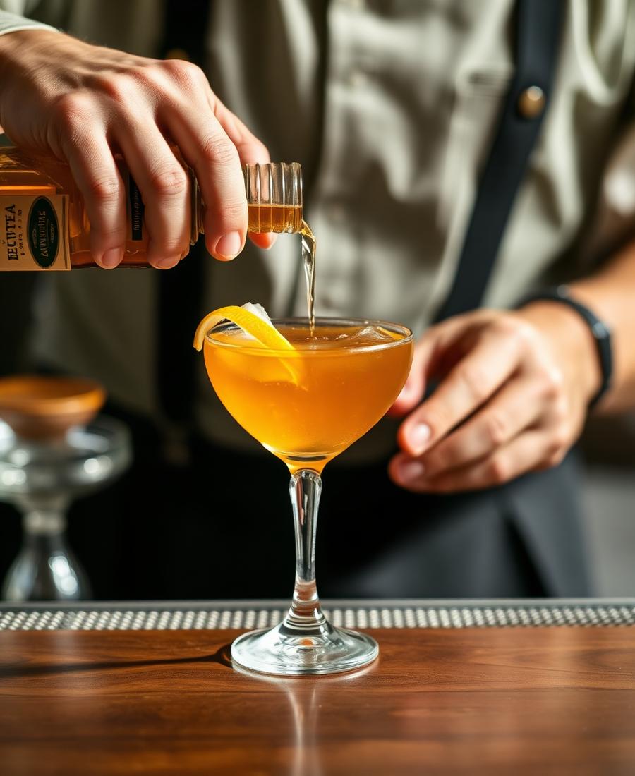 Bartender pouring a craft cocktail into a coupe