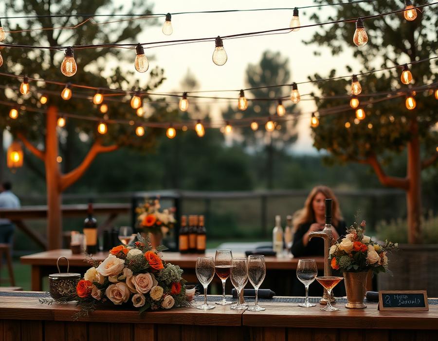 Outdoor evening bar with string lights and florals