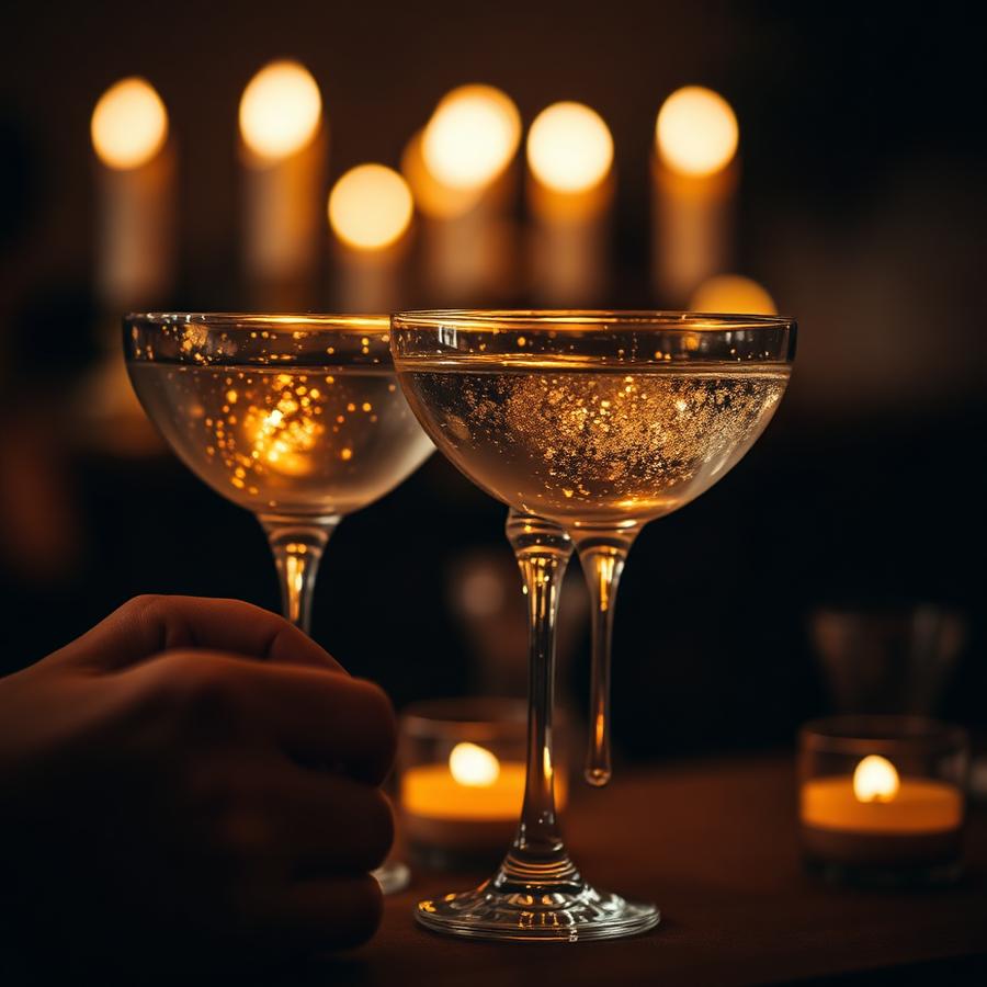 Two coupe glasses clinking in candlelight