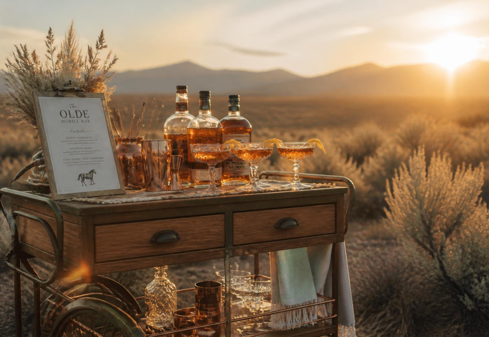 Mobile bar setup in the Idaho high desert at golden hour